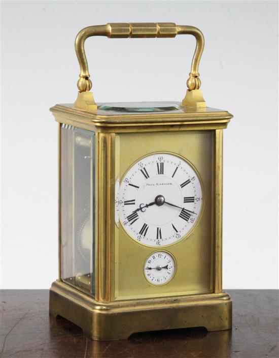 A 19th century gilt brass carriage alarum clock, 5in., with travelling case